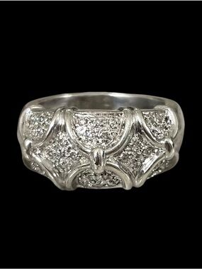 Sterling Silver 925 Real Diamond Pave Geometric Thick Band Ring in Size 7.25